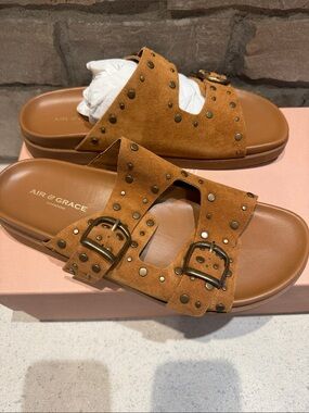 Suede Studded Tan Slide Sandals